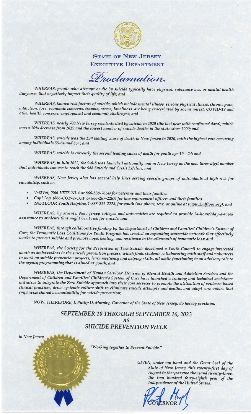 Proclamation: September 10th though September 16th, 2023 as Suicide Prevention Week